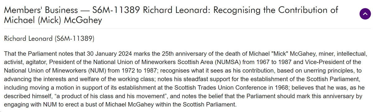 @LabourRichard has put forward a motion marking McGahey's leadership the struggles of coal miners for safety, conditions, wages and jobs, his role in advancing the Scottish labour movement and contribution to delivering a Scottish Parliament.