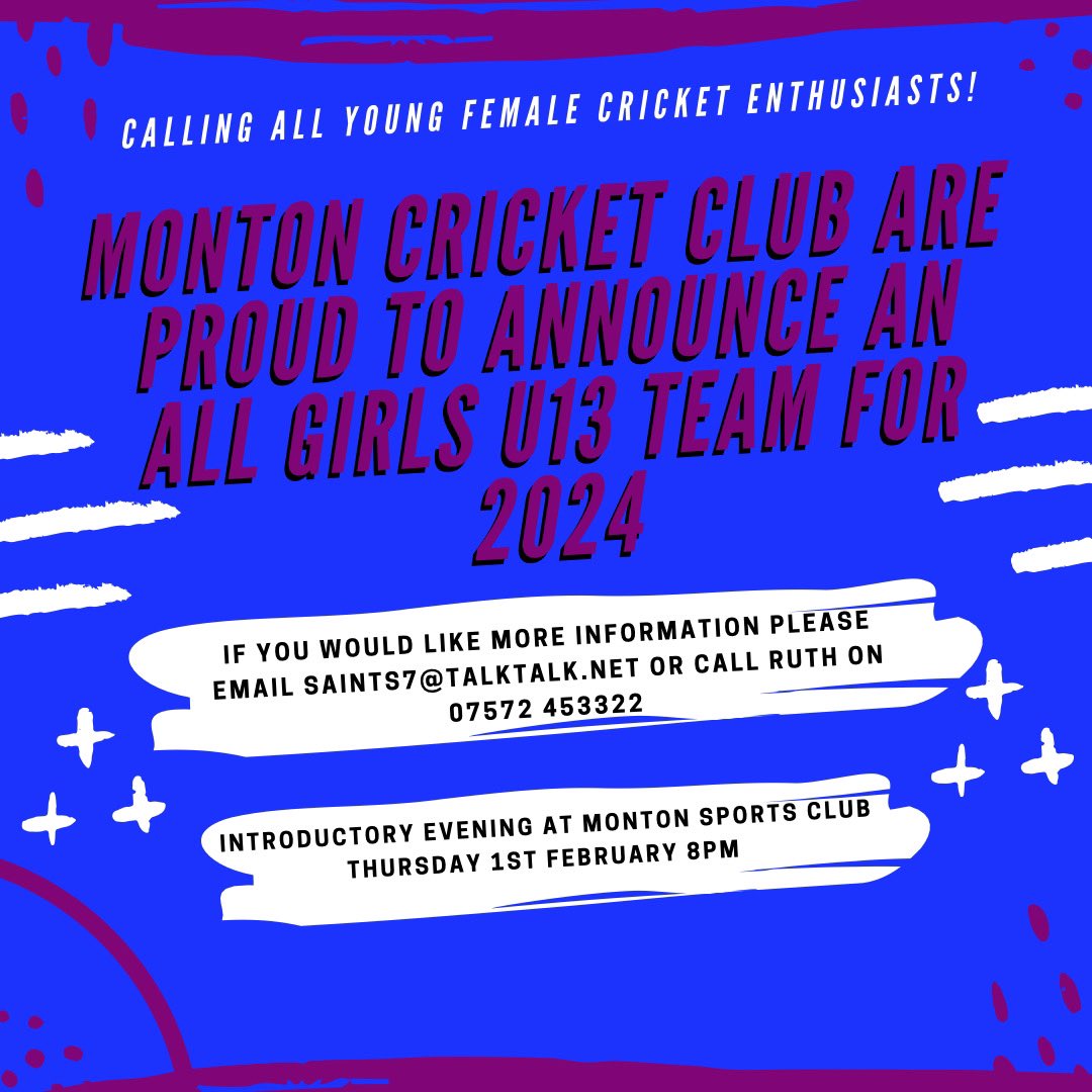 🏏 Monton Cricket Club Under 13s Girls team meeting this Thursday 1st February at 8pm #girlscricket #montoncc