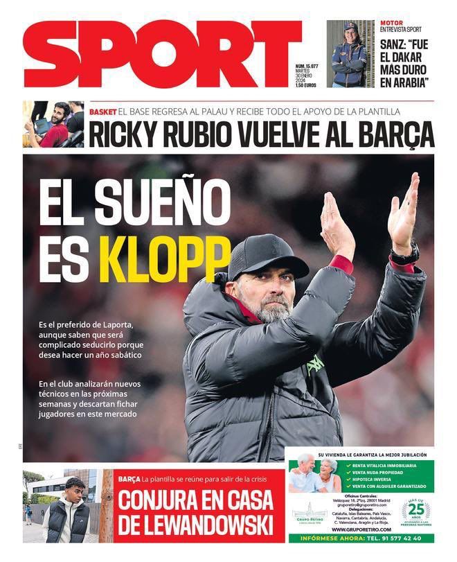 JoanFontes's tweet photo. Hace muchos años que dejé de comprar periódicos. Hoy @Sport lanza en portada: "El sueño es Klopp". Mi sueño como socio del Barça es que nos expliquen el papel de Alejandro Echevarría sin cargo en el club. Ese es mi sueño. No Klopp que a día de hoy es como confiar en un Euromillón.