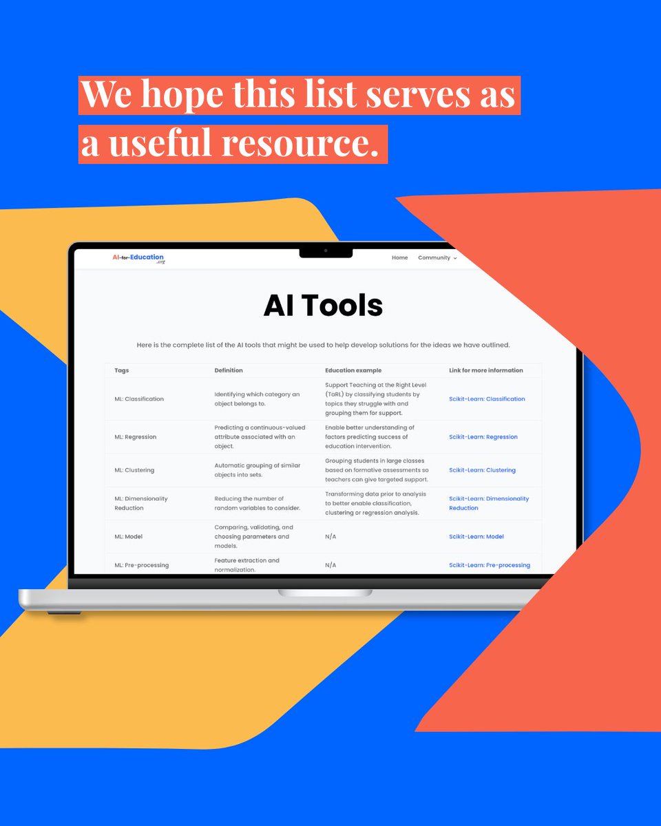 AI-for-Education.org (@ai_for_educ) on Twitter photo As part of developing AI ideas, using <a href="/huggingface/">Hugging Face</a> and <a href="/scikit_learn/">scikit-learn</a> definitions, we've compiled a list of the AI tool categories that we think will help in education in LMICs.
Check out ai-for-education.org/ai-tools/
#AIforEducation #AIinEducation #edtech As part of developing AI ideas, using <a href="/huggingface/">Hugging Face</a> and <a href="/scikit_learn/">scikit-learn</a> definitions, we've compiled a list of the AI tool categories that we think will help in education in LMICs.
Check out ai-for-education.org/ai-tools/
#AIforEducation #AIinEducation #edtech