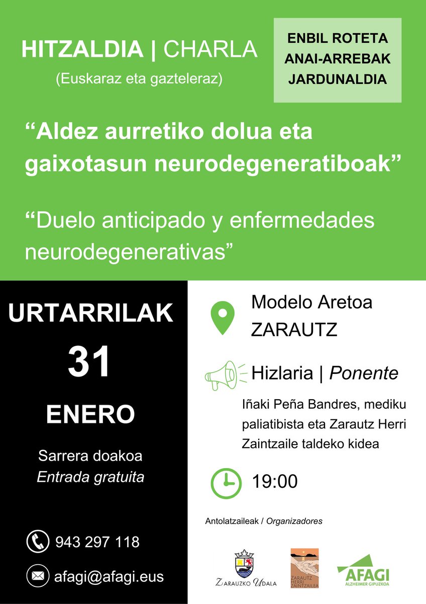 AFAGI's tweet photo. HITZALDIA | CHARLA
📆Bihar, urtarrilak 31.
📍Zarauzko Modelo Aretoan.
📢Iñaki Peña, mediku paliatibista eta @ZarainTZ taldeko kidea.
🕧19:00etan.
Hurbildu zaitez!
#AFAGI #Alzheimer #Dolua https://t.co/Jf5fAcz4qv
