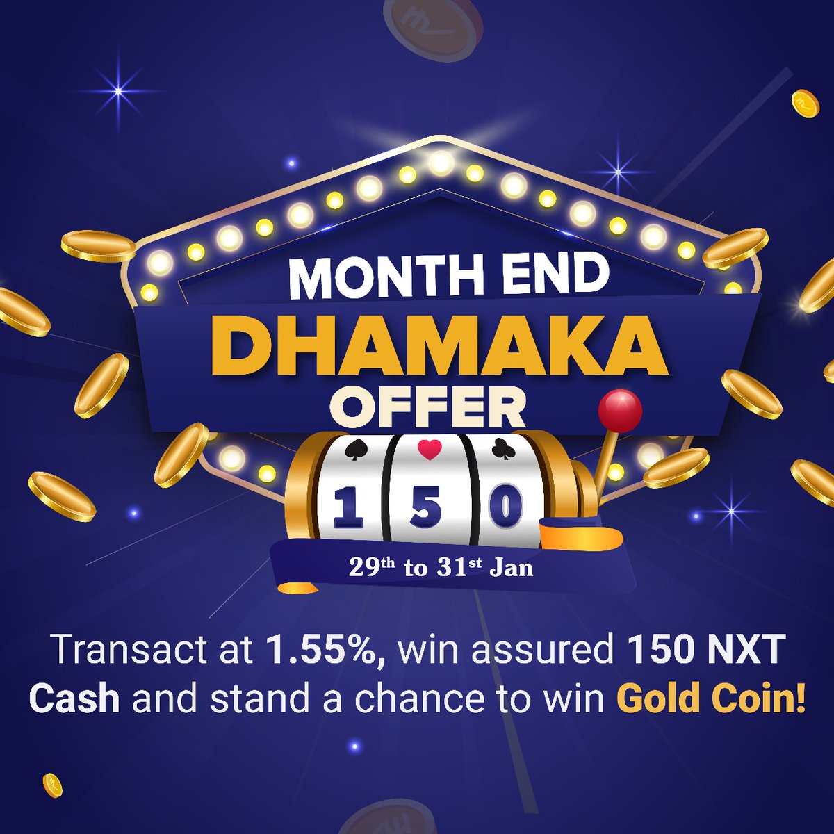 BharatNxtApp's tweet photo. Month-End Dhamaka Offer! 🎉
💳💰Make payments totaling more than 2 Lakhs on #BharatNXTApp, with lowest rates as 1.55%  and get 150 BNXT Cash!
Stand a chance to be one of the lucky 10 winners of a shiny 1-gram Gold Coin! 🌟

#MonthEndDhamaka #BharatNXT #goldrush https://t.co/i3nmkLNxW4