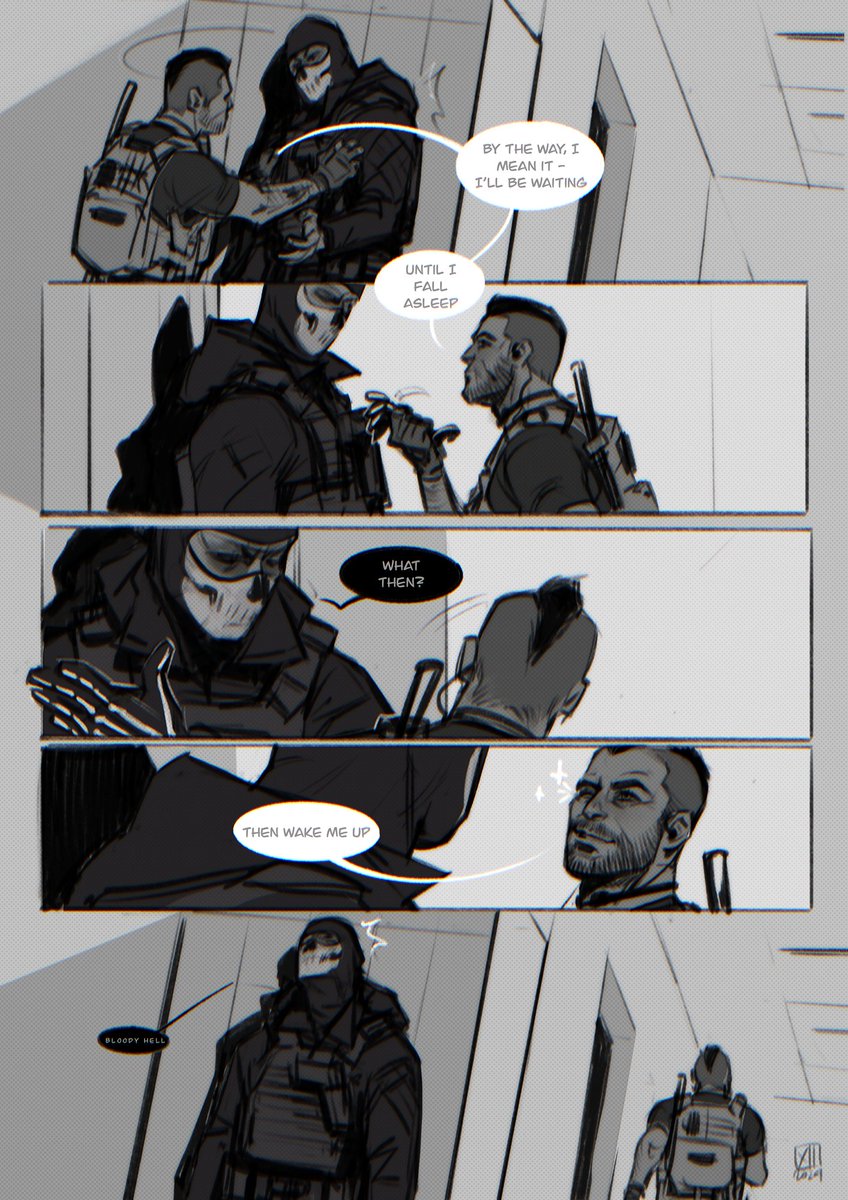 CreatureXIII's tweet photo. shout out to my patrons❤︎ who convinced me to have me-time and draw whatever the f i want, which is this piece where Soap is being insufferable tease testing Ghost's cool for 15 agonizing seconds
🧼💀
#soapghost 

p.s. if i could draw more hands per page i would https://t.co/h6VTAPKAUA