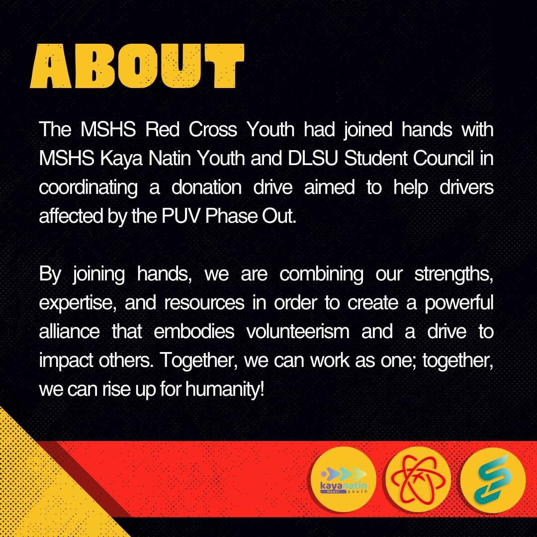 mshsRCY's tweet photo. 🚦 Red Light Announcement Incoming!

With the recent enactment of the PUV Modernization Program, the PUV Donation Drive endeavors to provide help to jeepney drivers and operators facing the impacts on their livelihoods. https://t.co/z0nKNAX6lR