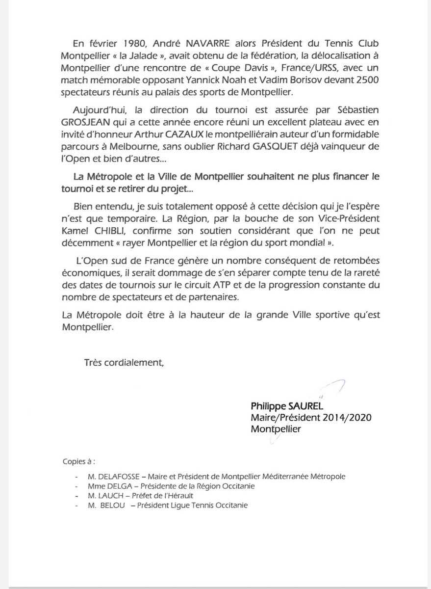 Communiqué de presse au sujet du #Tennis dans le territoire du grand #Montpellier et la région #Occitanie.
Pour une implication de la Ville et de la métropole dans la préservation de l'@OpenSuddeFrance !
<a href="/atptour/">ATP Tour</a>
