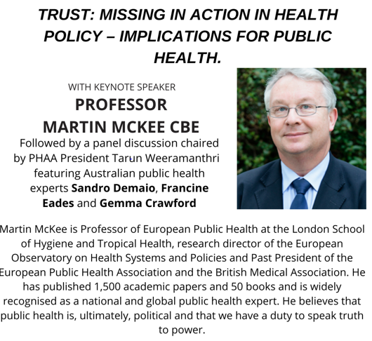 Join us, @AHPA_AU WA & @HealthwayWA for a very special event 'Trust: missing in action in health policy - implications for public health' with @martinmckee @DrOliviaDoll1 @tarunw @SandroDemaio @gemmacrawford Francine Eades. Register here 👉bit.ly/48aQUqt