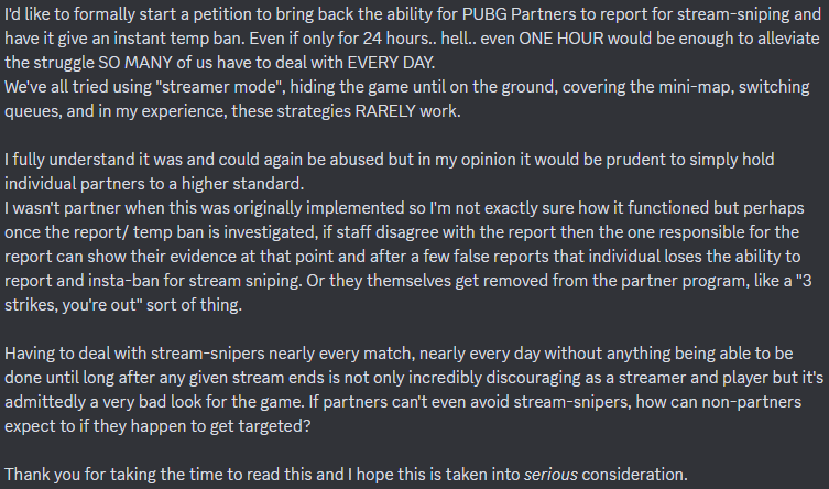 Stream-sniping in PUBG is currently a HUGE issue for so many of us..
~
<a href="/PUBG/">PUBG: BATTLEGROUNDS</a> <a href="/PUBG_US/">PUBG: BATTLEGROUNDS US</a> <a href="/PUBG_Support/">PUBG: BATTLEGROUNDS Support</a> #PUBG #PUBGPartner #twitch #streamer 
~
Here's my take---
I'd love to hear everyone's thoughts (especially fellow partners)