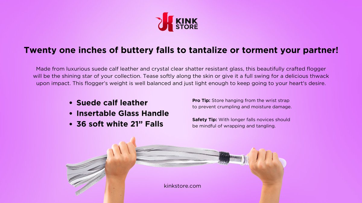 Looking for a flogger you can use every enticing inch of? Meet Kinks new Glass Handle Flogger! Twenty one inches of buttery falls to tantalize or torment your partner, and an insertable glass handle to really get things going.

kinkstore.com/products/core-…