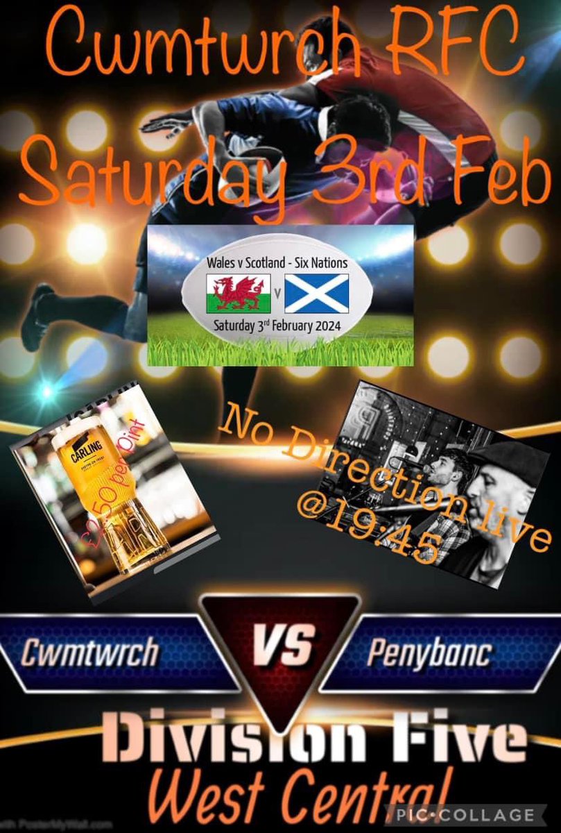 Saturday 3rd Feb our 1st team are away in Penybanc @1pm. Then it’s back to the club for Wales Vs Scotland followed by No Direction @19:45. Fel Un 🖤🤍🐗