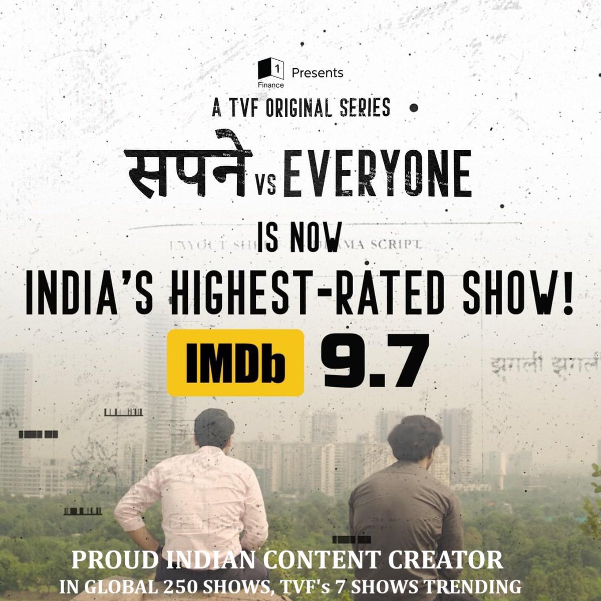TVF’S 7 SHOWS IN GLOBAL TOP 250… #TVF hits the ball out of the park and makes an indelible impression on the global stage.

After #Aspirants, #Panchayat, #Gullak, #YehMeriFamily, #KotaFactory and #Pitchers, now #SapneVsEveryone becomes the 7th #TVF show to enter #IMDb Top 250 TV…