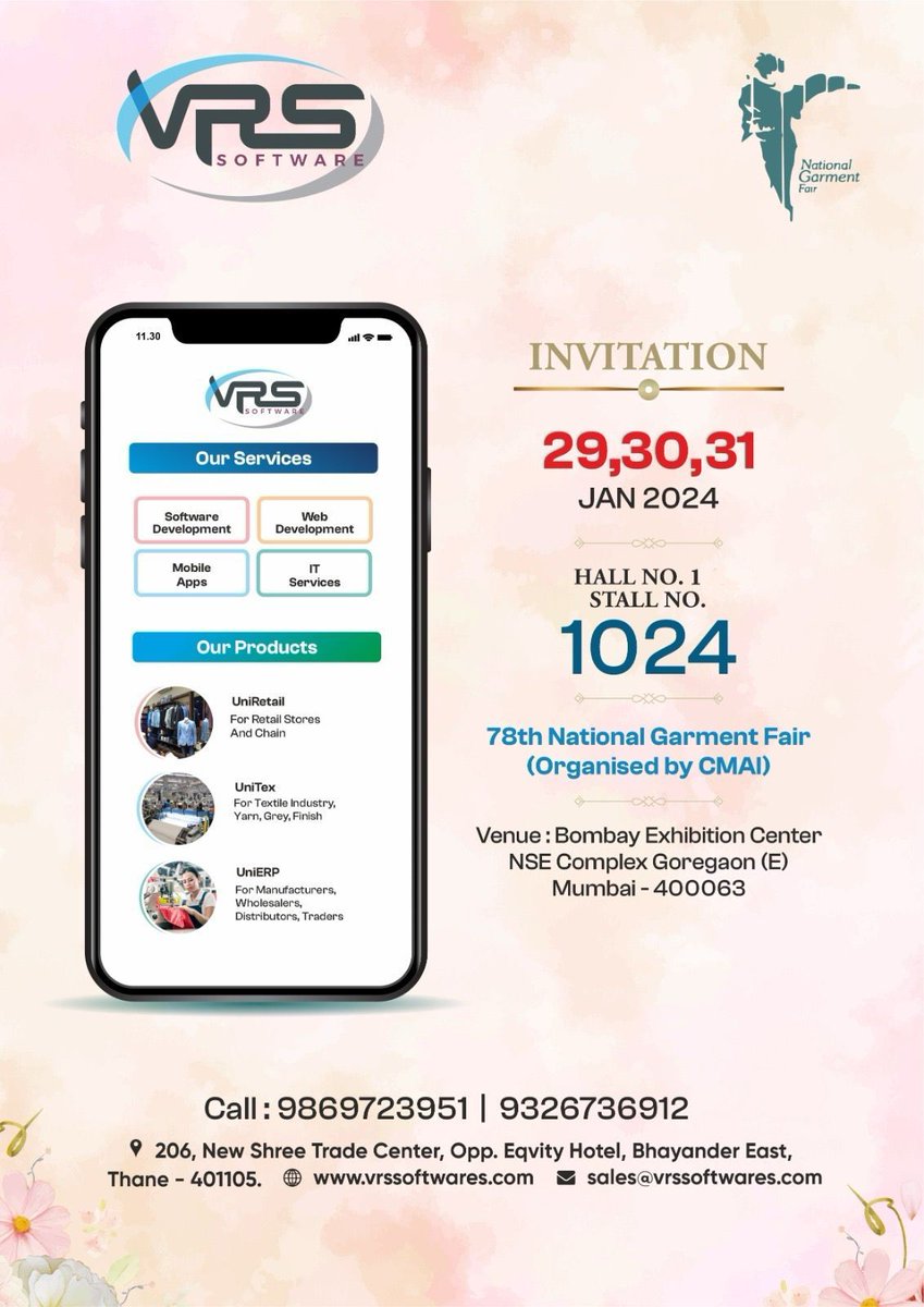 vrs_software's tweet image. Fashion Accessories to the Indian Retailers and their Distribution Channels including Importers, High Street Retailers, Agents &amp;amp; Distributors, E-Commerce Companies.
Bombay Exhibition Center Hall No-1, Stall No- 1024.
vrssoftwares.com
#BombayExhibitionCenter