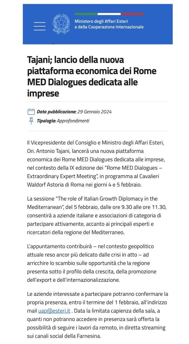 Nel quadro della IX edizione dei #MEDDialogues, prende avvio un confronto fra aziende 🇮🇹 ed esperti internazionali su rischi e opportunità nella regione mediorientale. 👇 esteri.it/it/tajani-lanc…