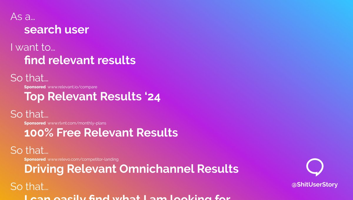 As a… – search user I want… – find relevant results so that… – Top Relevant Results ‘24 so that… – 100% Free Relevant Results so that… – Driving Relevant Omnichannel Results so that… – I can easily find what I am looking for