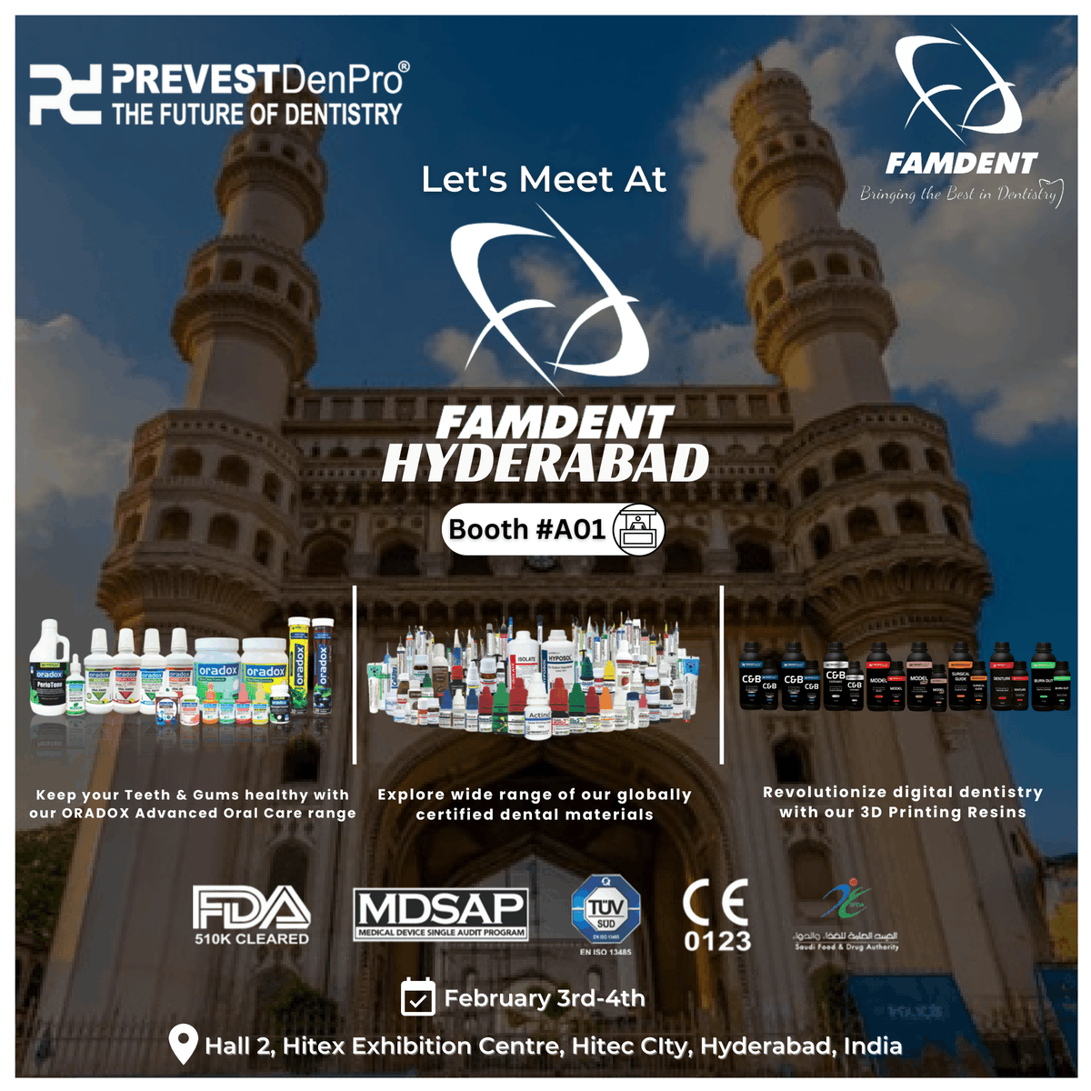 PrevestDenPro_'s tweet photo. We're pleased to announce our participation in forthcoming Famdent Hyderabad 2024.
We welcome you to meet us at our booth #A01 at Hall 2, Hitex Exhibition Centre, Hitec CIty, Hyderabad, India. From 3rd - 5th February 2024.
#prevestdenpro #oradox #famdent #hyderabad https://t.co/HsyhpGjwEw