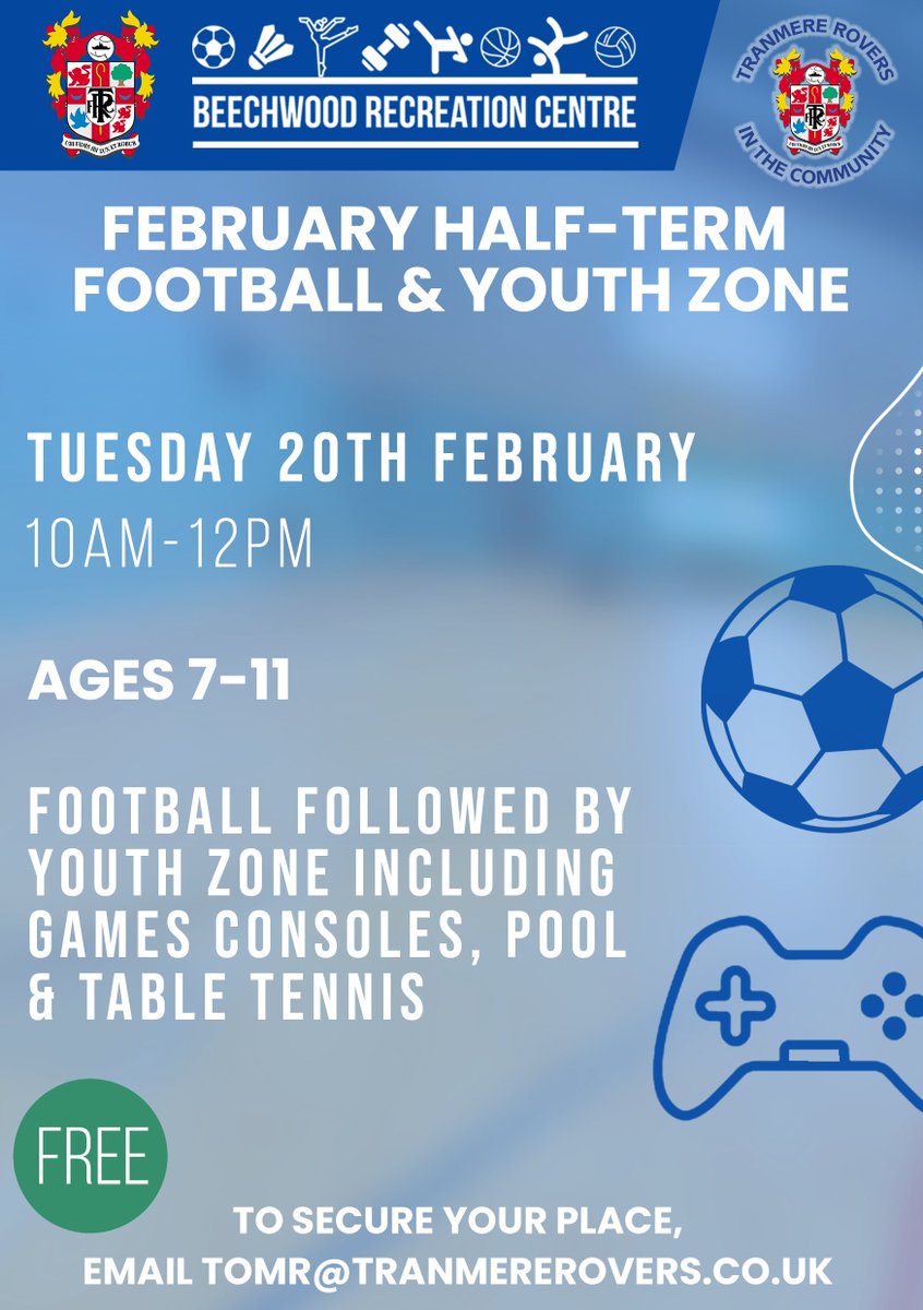 ⚽️ We'll be holding a FREE Football & Youth Zone session at @TRFCBeechwood on the Tuesday 20th of February half-term from 10am-12pm for ages 7-11! There's football, pool, table tennis, and games consoles! To secure a place, email TomR@tranmererovers.co.uk. #TRFC #SWA