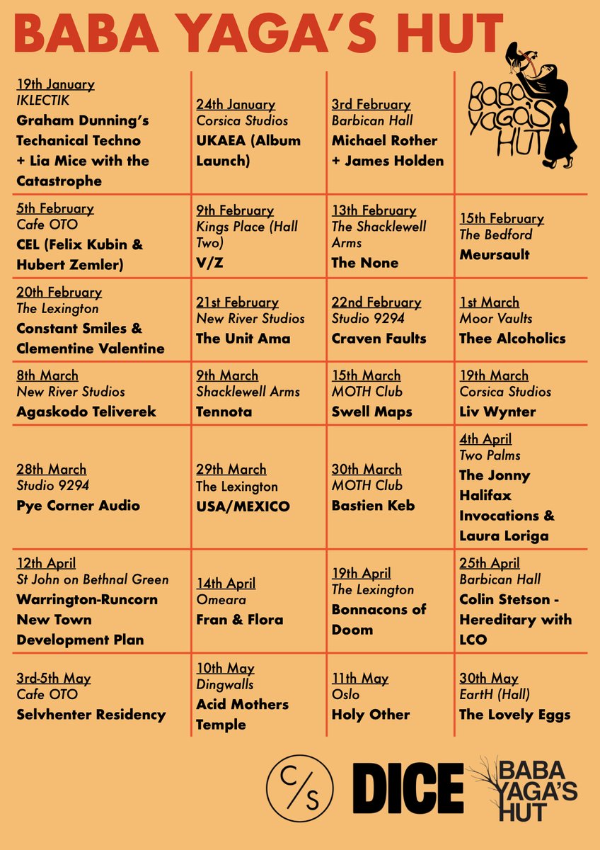 Baba Yaga's Hut (@byhut) on Twitter photo 8 shows in Feb: <a href="/_MichaelRother_/">Michael Rother</a>, Felix Kubin, V/Z debut show nearly sold out at <a href="/KingsPlace/">Kings Place</a>, 10 tickets left for Meursault at <a href="/TheBedfordPub/">The Bedford, Balham</a>, The None, <a href="/SacredBones/">Sacred Bones Records</a>'s Constant Smiles play <a href="/thelexington/">The Lexington</a>, Unit AMA at <a href="/NewRiverStudios/">NewRiverStudios</a> & <a href="/CravenFaults/">Craven Faults</a>
dice.fm/promoters/baba… 8 shows in Feb: <a href="/_MichaelRother_/">Michael Rother</a>, Felix Kubin, V/Z debut show nearly sold out at <a href="/KingsPlace/">Kings Place</a>, 10 tickets left for Meursault at <a href="/TheBedfordPub/">The Bedford, Balham</a>, The None, <a href="/SacredBones/">Sacred Bones Records</a>'s Constant Smiles play <a href="/thelexington/">The Lexington</a>, Unit AMA at <a href="/NewRiverStudios/">NewRiverStudios</a> & <a href="/CravenFaults/">Craven Faults</a>
dice.fm/promoters/baba…