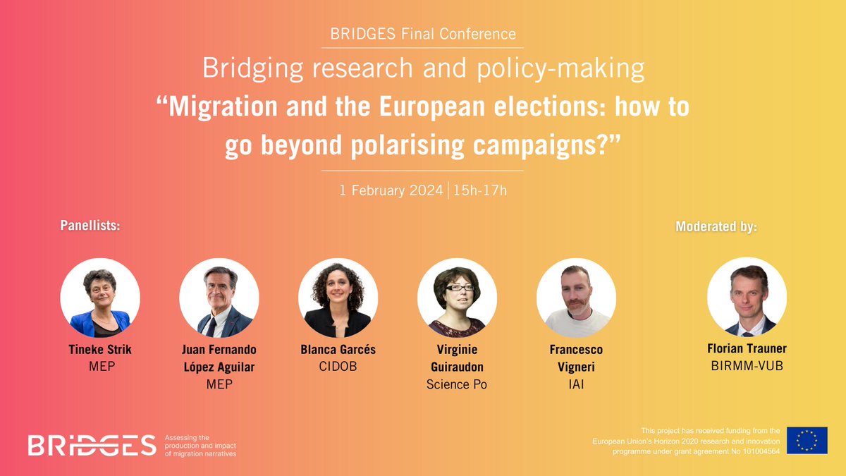Migration will be a key campaign subject for the next #EU elections. How can policy-makers and civil society respond to polarising campaigns? Join this discussion at the #BRIDGES Final Conference Last day to register if you want to attend in person👉 bit.ly/BRIDGESFinalCo…