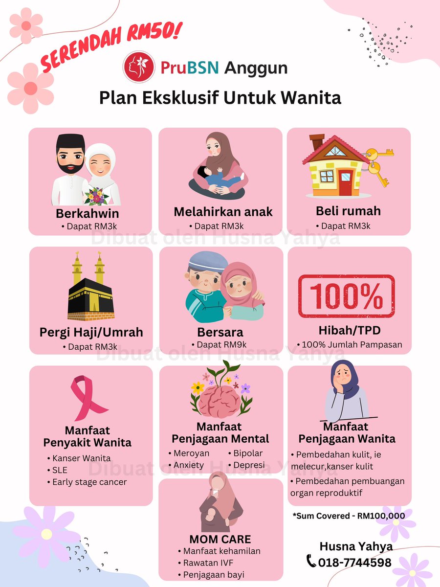 Plan Khas Untuk Wanita serendah RM50 sahaja ☺️

Selalu kalau cerita pasal insurance, mesti benda tak best je kan. 😖

Tapi, utk plan wanita ni, kalau kahwin, dpt baby, beli rumah semua dapat duit tau.🥰

Harga bermula RM50 sahaja boleh dapat mcm2. 

 Link: wa.link/qm6cxf