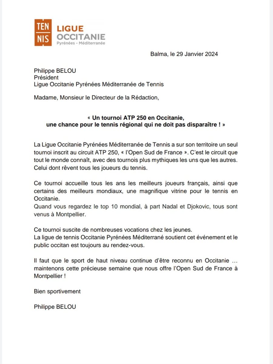 Merci au président de la Ligue Occitanie Pyrénées Méditerranée de Tennis, #PhilippeBelou, pour son soutien, @OpenSuddeFrance
<a href="/PhilippeBelou/">Belou Philippe</a> <a href="/LargeronEric/">Eric LARGERON</a> <a href="/kamelchibli/">Chibli Kamel</a> <a href="/sebboca29/">Sébastien Grosjean</a>
#Montpellier #Montpellier3m