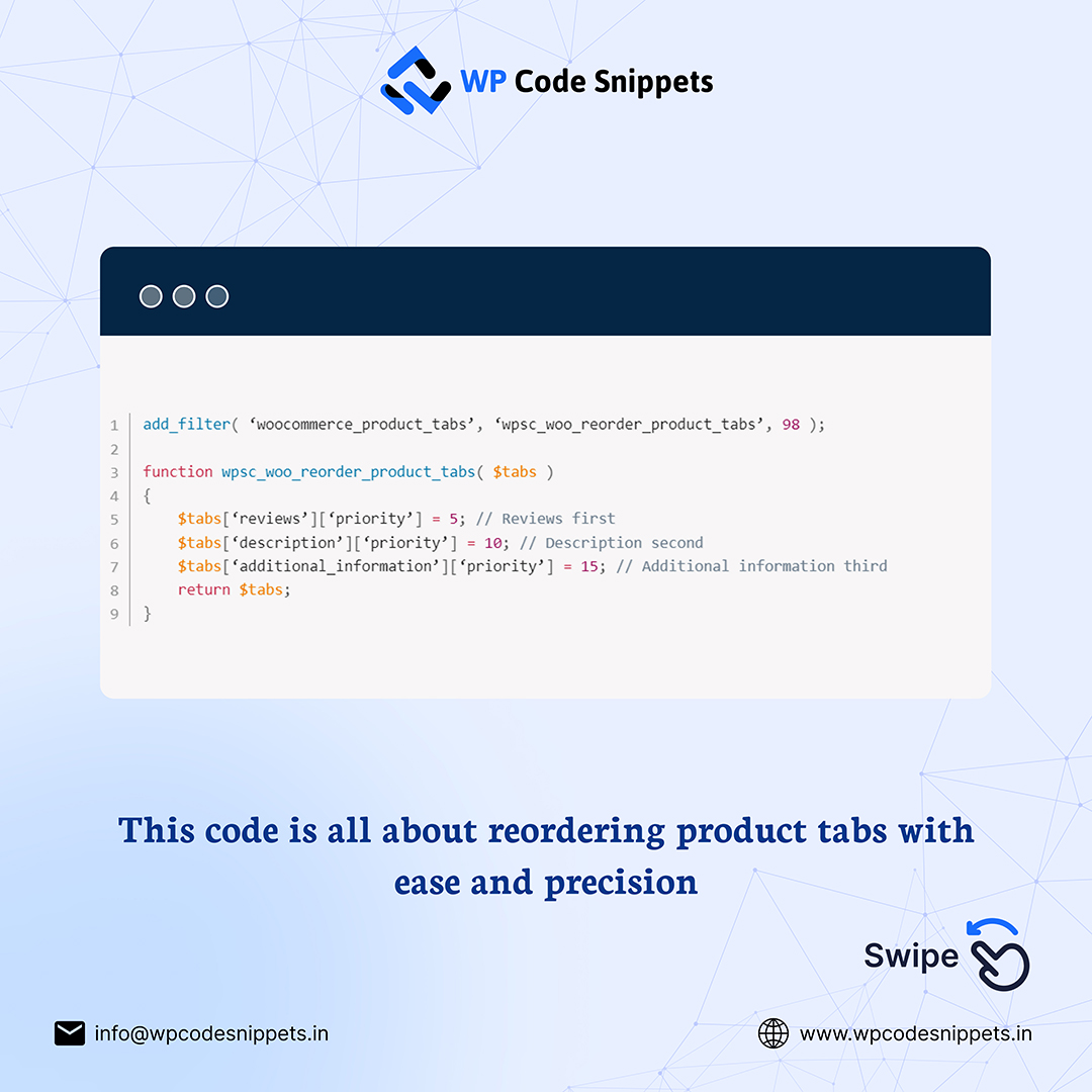 Wp_codesnippets's tweet image. Learn how to effortlessly reorder product tabs with just a few lines of code! Code Link: wpcodesnippets.in/how-to-reorder……
#ecommercestore #Coding #WordPress