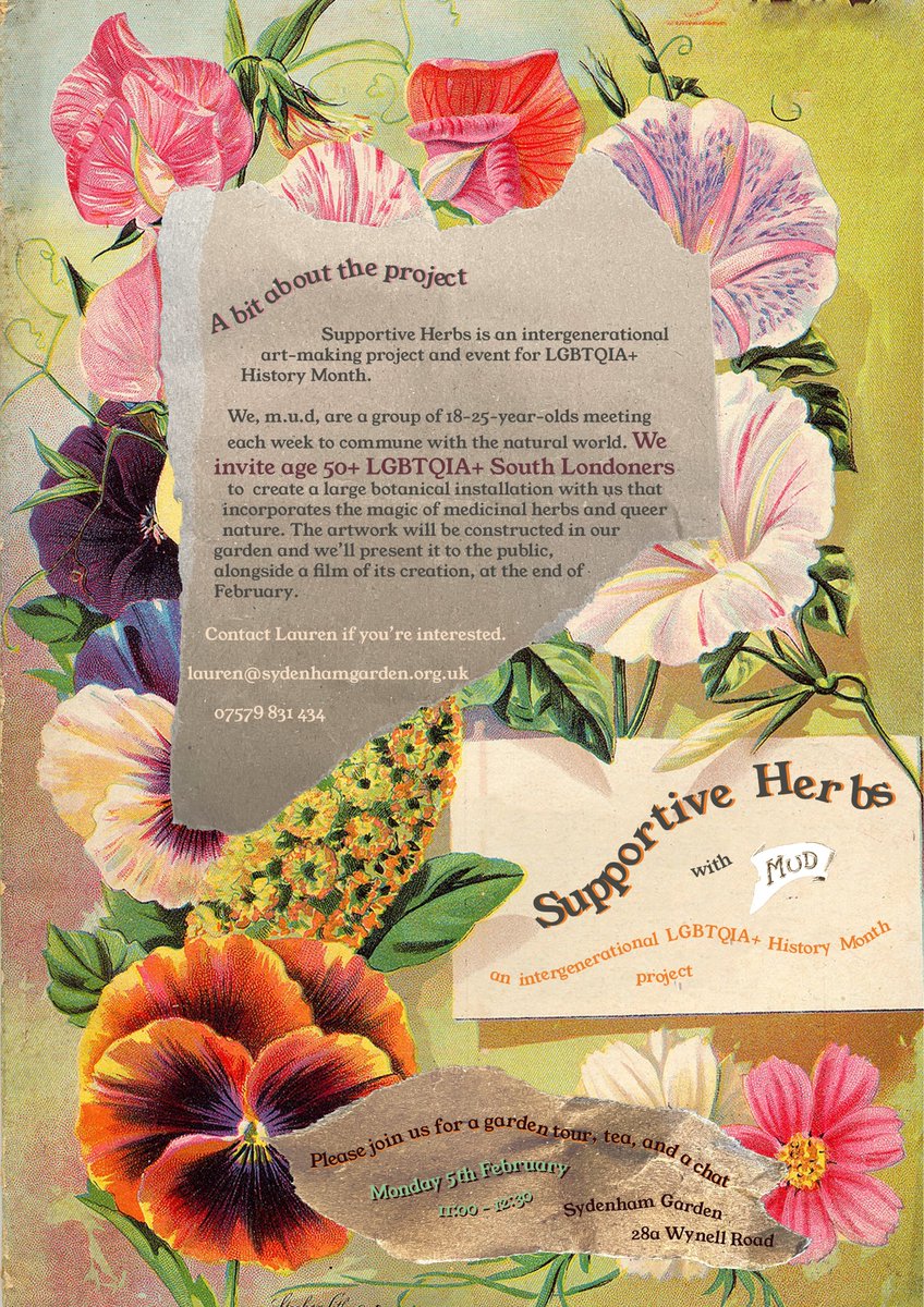 Monday 5th February, 11.00 - 12.30 Intergenerational gardening project, Sydenham Gardens, for LGBTQIA+ History Month. Contact details below.