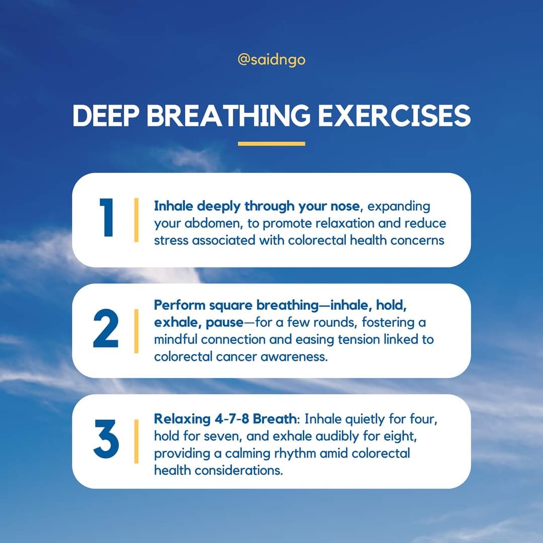 تمارين التنفس العميق هي طريقة بسيطة لكنها فعالة لتعزيز الوعي وتقليل التوتر وتعزيز الوعي بصحة القولون والمستقيم. 

#coloncancerawareness #coloncancerLebanon #Marchforsomeonewithcancer #Cancer_is_not_a_taboo #colonoscopy #breakthetaboo