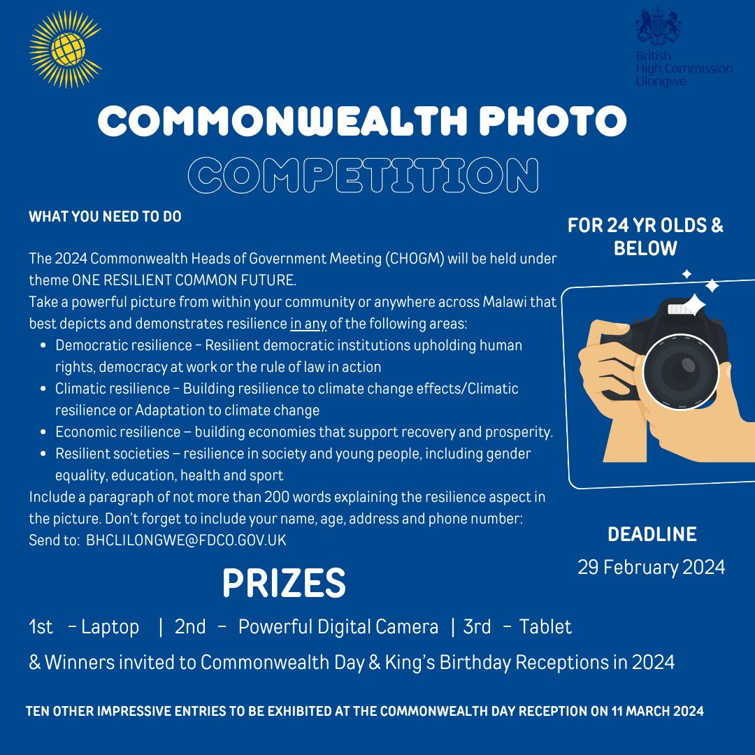 Calling on Malawian young people aged 24 years and below to take part in #ourCommonwealth #photocompetition and win fabulous prizes. Snap & submit a photo that depicts resilience in one of the areas outlined in the flyer below. Send by 29 February 2024 to bhclilongwe@fcdo.gov.uk