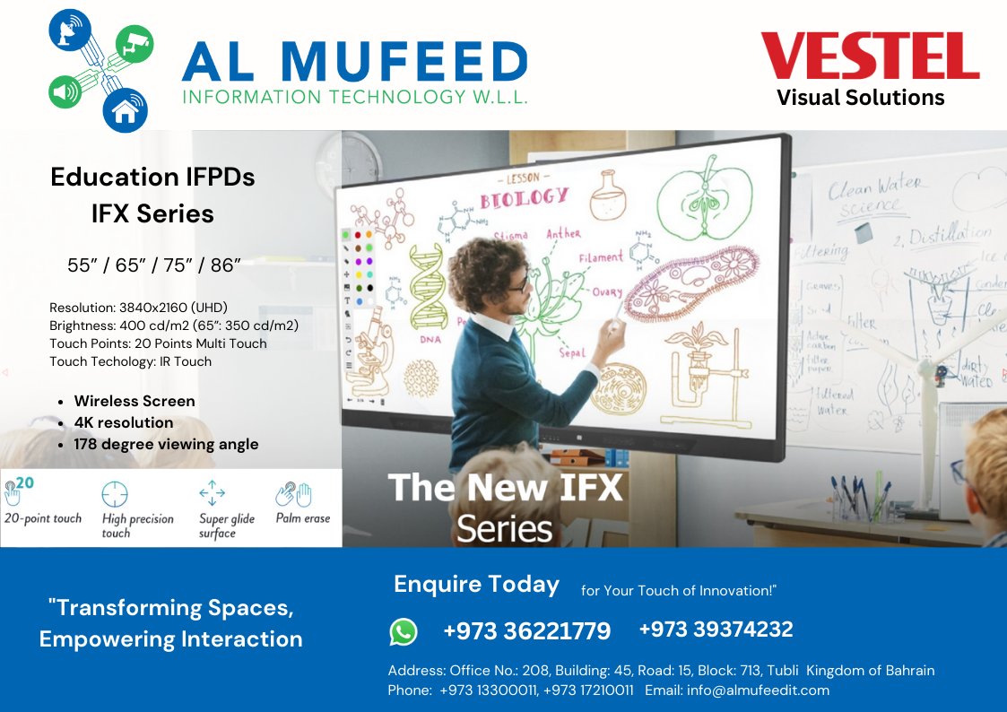 almufeedit's tweet image. The Android 9 OS-powered IFX Series 
cost-effective and highly interactive tailored design for education. The
series includes powerful touch/pen tools with a light user experience
together with all the fundamental features needed for teachers and
students