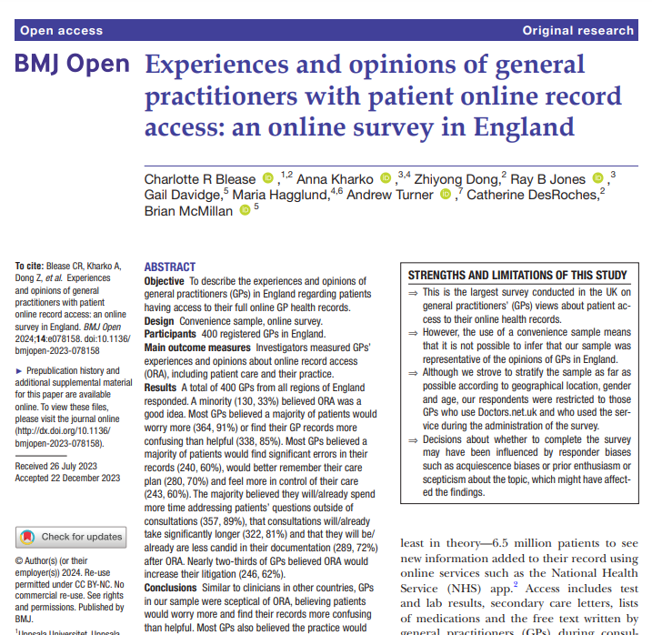 📢 We conducted the largest survey of UK doctors into online record access in England. Of 400 GPs: 👉Only 1 in 3 believed access was a good idea. 👉 But 60% thought most patients would find significant errors in their records. Read all about it here: ncbi.nlm.nih.gov/pmc/articles/P…