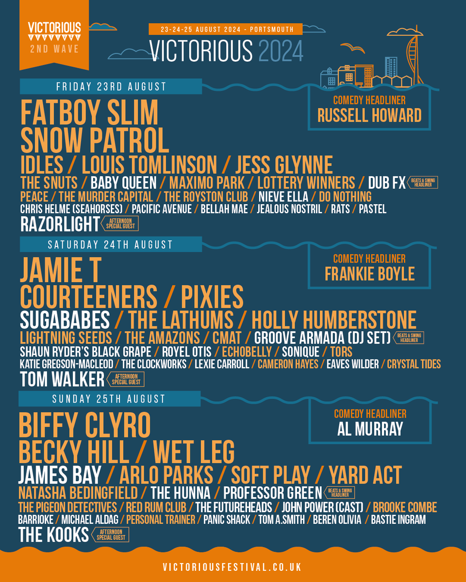 VictoriousFest's tweet photo. 🎉HUGE news! We're thrilled to announce some incredible additions to our line-up including @Sugababes, @JamesBayMusic, and our 3 amazing afternoon special guests; @Razorlight, @thekooksmusic & @tomwalkermusic.
💥Plus @GrooveArmada (DJ Set), @professorgreen, Sunday's Comedy headliner Al Murray and loads more!
Tickets on sale here👉https://t.co/HSl5axSngW
Secure your ticket from £10.03 on our payment plan! fees apply.