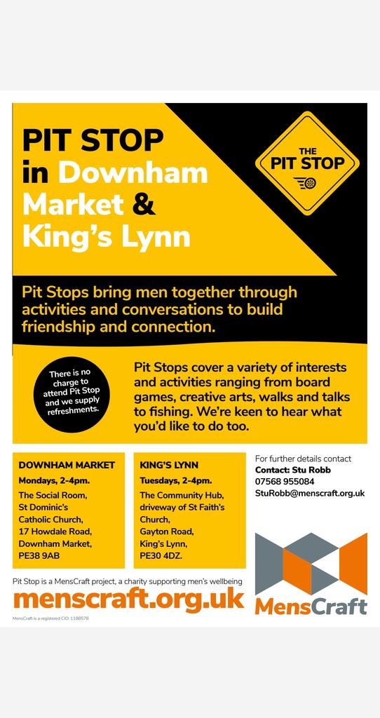 Weekly Pit Stops in #DownhamMarket & #KingsLynn run by our new coordinator in the area, Stu Robb.

Men in West #Norfolk welcome for activity & participation.

Opportunities to make new connections in a warm & welcoming environment.

Pit Stop is free & refreshments are provided.