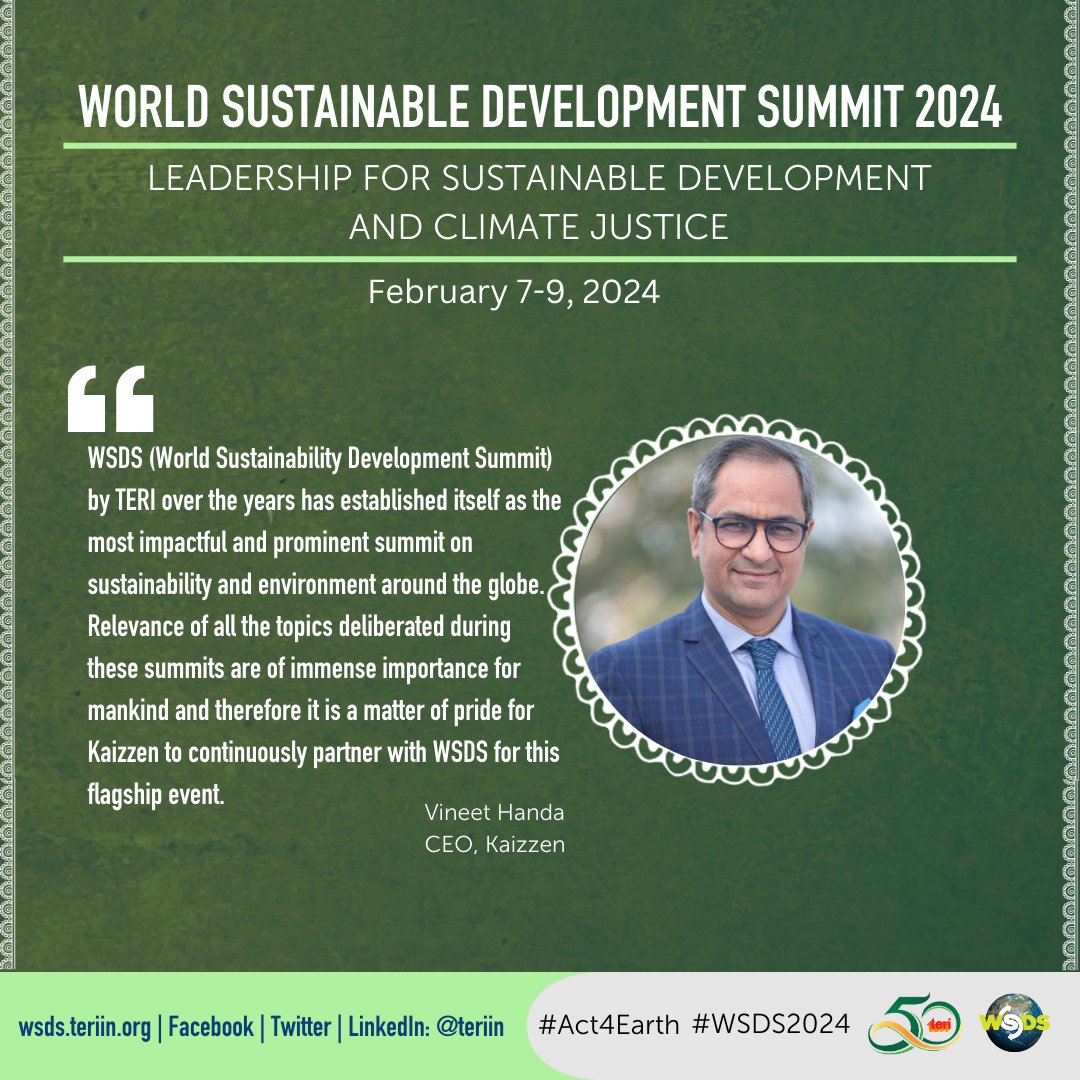 KaizzenComm's tweet photo. Become a part of the #WSDS organised by @teriin, from Feb 7-9, 2024 and engage in dialogues on the theme of ‘Leadership for Sustainable Development and Climate Justice’.
For more on #WSDS2024, visit https://t.co/yvY9o7BKU2
#Act4Earth #SDGs
#Kaizzen #communicationpartner #TERI https://t.co/uWzXlNduDt