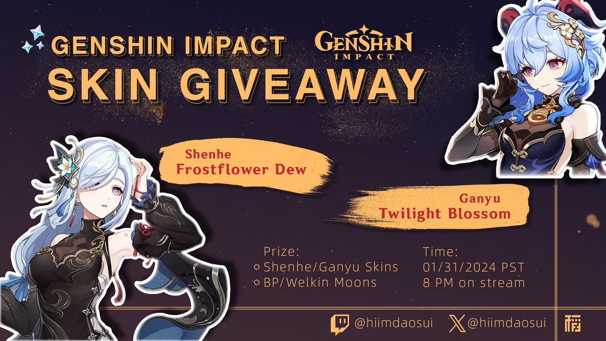 hiimdaosui's tweet image. Genshin 4.4 Ganyu/Shenhe Skins giveaway! (with BP+Welkins)

Like + Retweet + Follow

On stream tomorrow after the new patch drops on twitch.tv/hiimdaosui

#Genshin #GenshinImpact #GenshinTwt #GenshinGiveaway