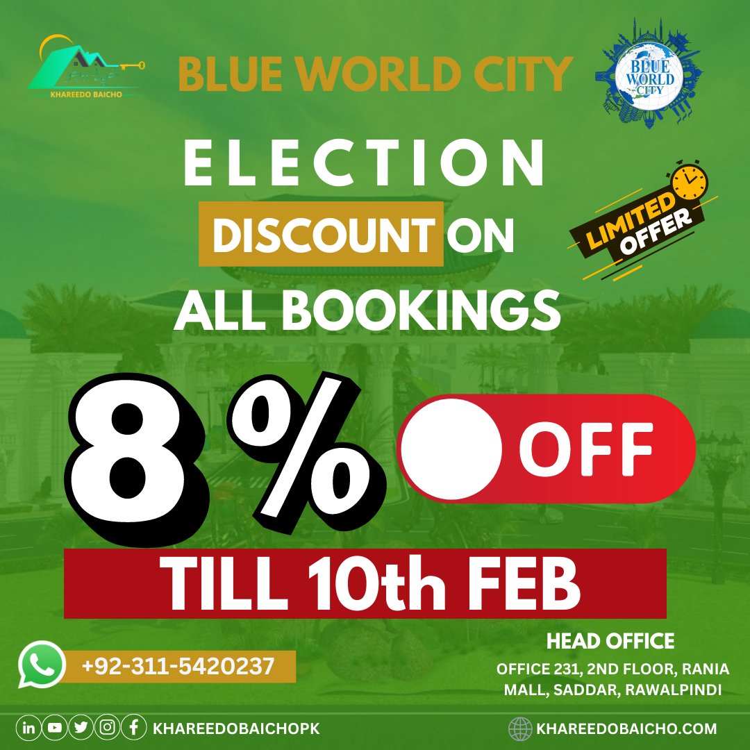 Secure your future with a vote and a plot! 🗳 Avail an exclusive 8% off on all Blue World City plots with Khareedo Baicho Company. Don't miss this limited-time offer – Invest in your dreams today! 🏡✨ #ElectionSpecial #BlueWorldCity #InvestWithConfidence #KhareedoBaicho