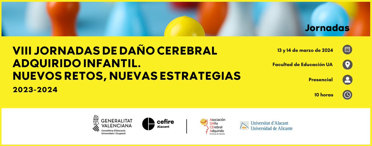 GVA_Cefire's tweet photo. ☝🏻🔊 En inscripción las VIII Jornadas de daño cerebral adquirido infantil. Nuevos retos, nuevas estrategias.

🗓️ 13 y 14 de marzo
📍 Facultad de Educación de la @UA_Universidad 
🕰️ 20 horas

➕ℹ️✍️👇
🔗https://t.co/dBJPinCWRG

#CEFIREAlicante https://t.co/fnPIOnTB1a