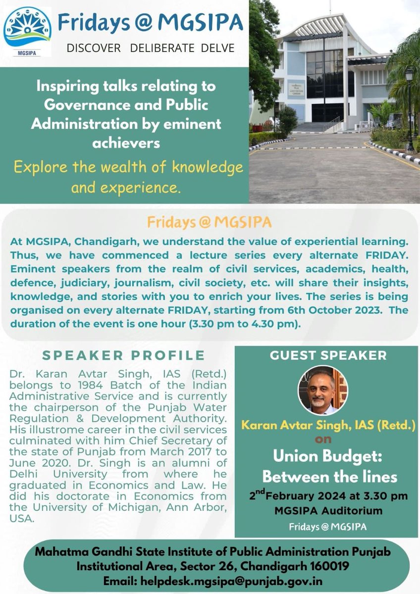 PWRDA1's tweet photo. Session on "Union Budget: Between the Lines" 

by Karan Avtar Singh, IAS (Retd.) Chairperson, Punjab Water Regulation and Development Authority.

2nd February 2024 at 03:30 pm @ MGSIPA Auditorium, Chandigarh https://t.co/JKE8BO8Q86