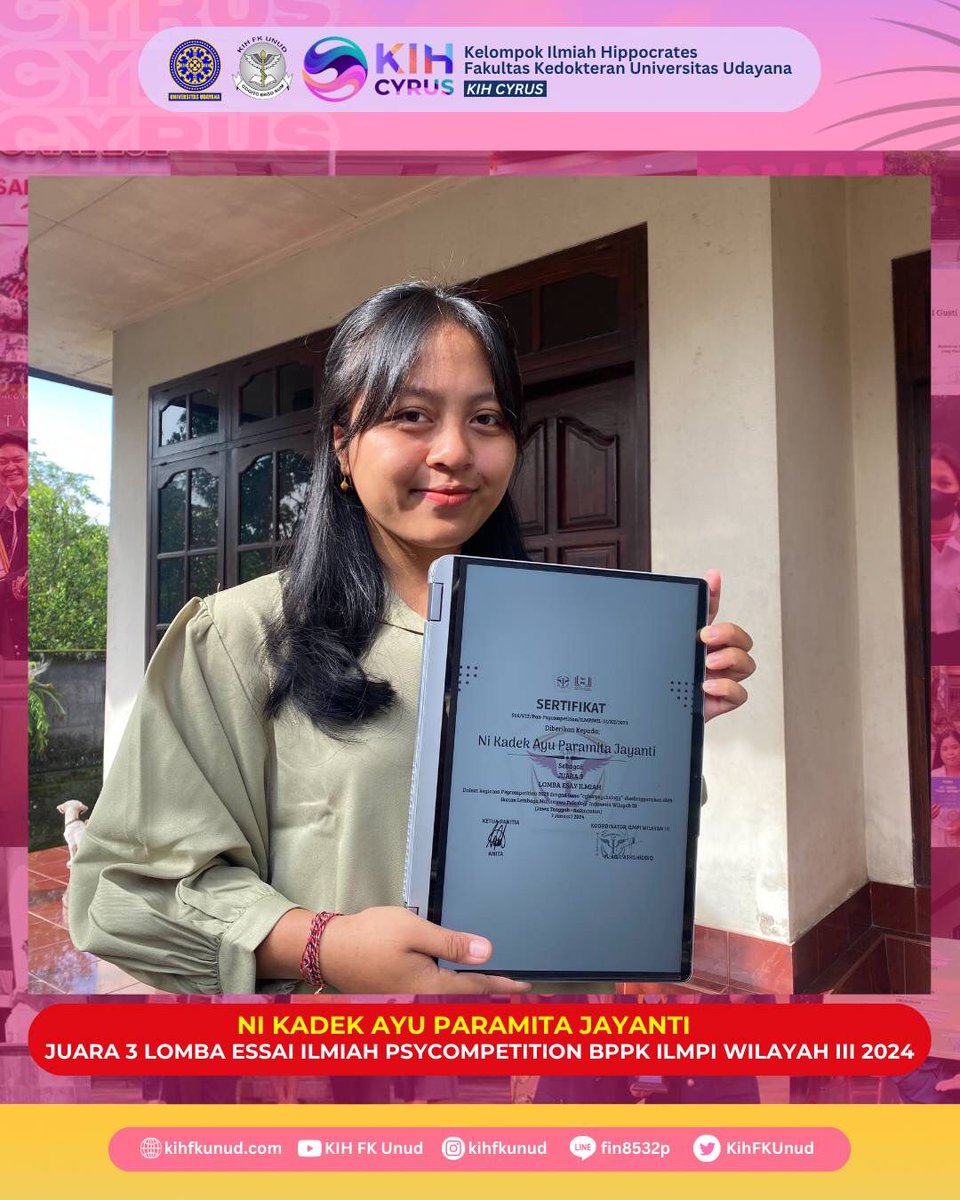 KIH FK Unud mengucapkan selamat atas prestasi yang telah diraih oleh: 

Ni Kadek Ayu Paramita Jayanti (AI 19)
🎖Juara 3 Lomba Essai Ilmiah PSYCOMPETITION BPPK ILMPI Wilayah III 2024