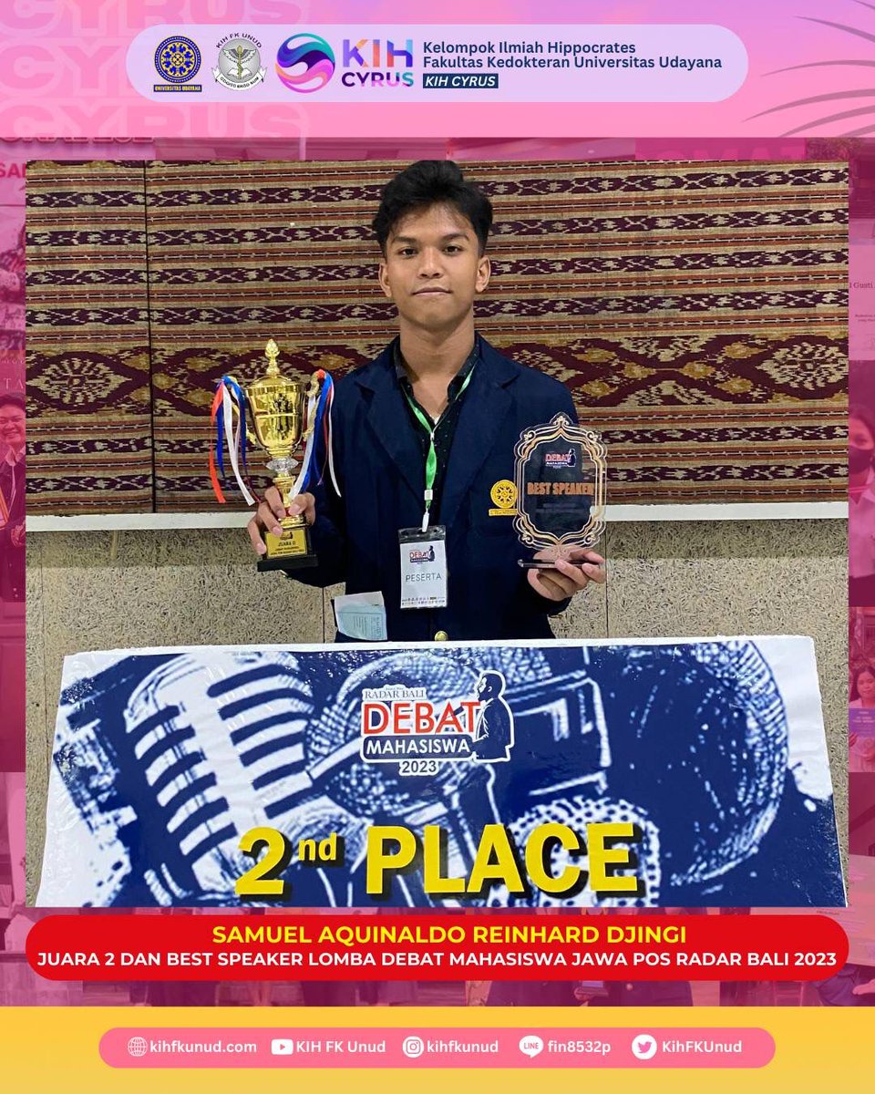 KIH FK Unud mengucapkan selamat atas prestasi yang telah diraih oleh: 

Samuel Aquinaldo Reinhard Djingi (AI 18)
🎖 Juara 2 dan Best Speaker Lomba Debat Mahasiswa Jawa Pos Radar Bali 2023