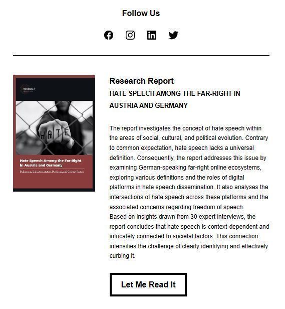 SCENOR | The Science Crew (@scenorcrew) on Twitter photo RECO-DAR PROJECT NEWS 🚀 Check out our recent newsletter for details on our newest publication 'Hate Speech Among the Far-Right in Austria and Germany' - and more: buff.ly/487VcPu
Subscribe: buff.ly/3ppxP3n
#reco_dar <a href="/modus_zad/">modus | zad</a> #extremism RECO-DAR PROJECT NEWS 🚀 Check out our recent newsletter for details on our newest publication 'Hate Speech Among the Far-Right in Austria and Germany' - and more: buff.ly/487VcPu
Subscribe: buff.ly/3ppxP3n
#reco_dar <a href="/modus_zad/">modus | zad</a> #extremism