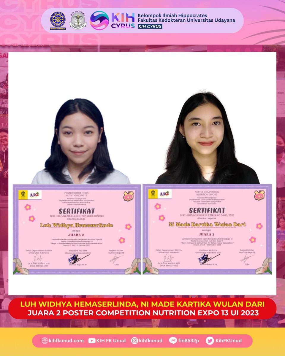 KIH FK Unud mengucapkan selamat atas prestasi yang telah diraih oleh:

Luh Widhya Hemaserlinda (AI 19), Ni Made Kartika Wulan Dari (AI 19)
🎖Juara 2 Lomba Poster Competition Nutrition Expo 13 UI 2023