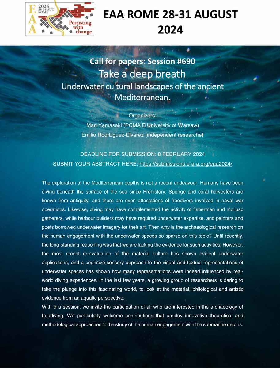 #CfP Reminder from🔸Mari Yamasaki (PCMA UW) <a href="/MariYamaArch/">MariY</a>  &amp; Emilio Rodríguez-Álvarez about their session 690 at the next <a href="/archaeologyEAA/">European Association of Archaeologists</a> meeting: 
🌊Take a deep breath. #Underwater cultural #landscapes of the #ancient #Mediterranean
🏁deadline 08/02
More e-a-a.org/eaa2024