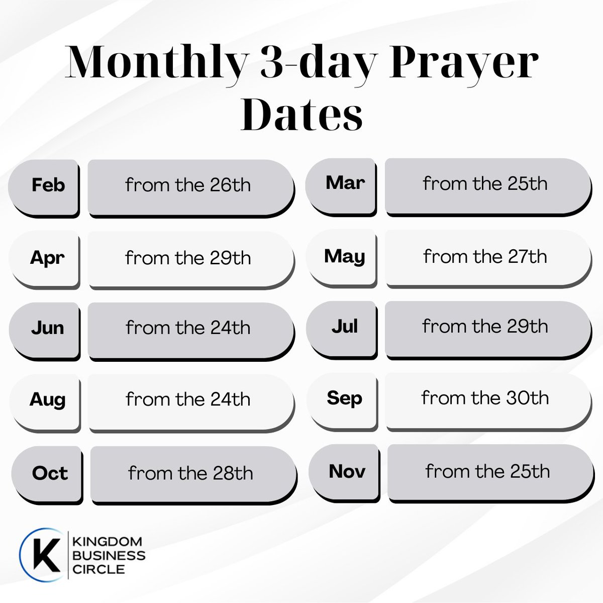 Exciting times are ahead for Kingdom Business Circle! Join us for a year of empowerment, collaboration, and growth in 2024. Let's make waves together!

#KingdomBusinessCircle #KBC #EventSchedule2024 #MonthlyPrayer #InPersonEvents