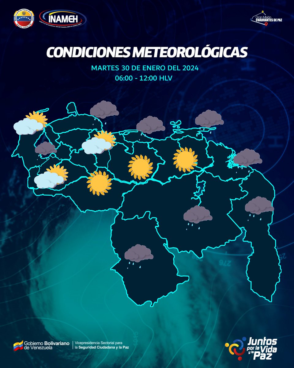 #30Ene #INAMEHInforma Situación General, próximas seis horas 06:00 - 12:00 HLV: Se prevé poca nubosidad sin precipitaciones en gran parte del país, no obstante, se estima la formación de mantos nubosos de tipo estratiforme,