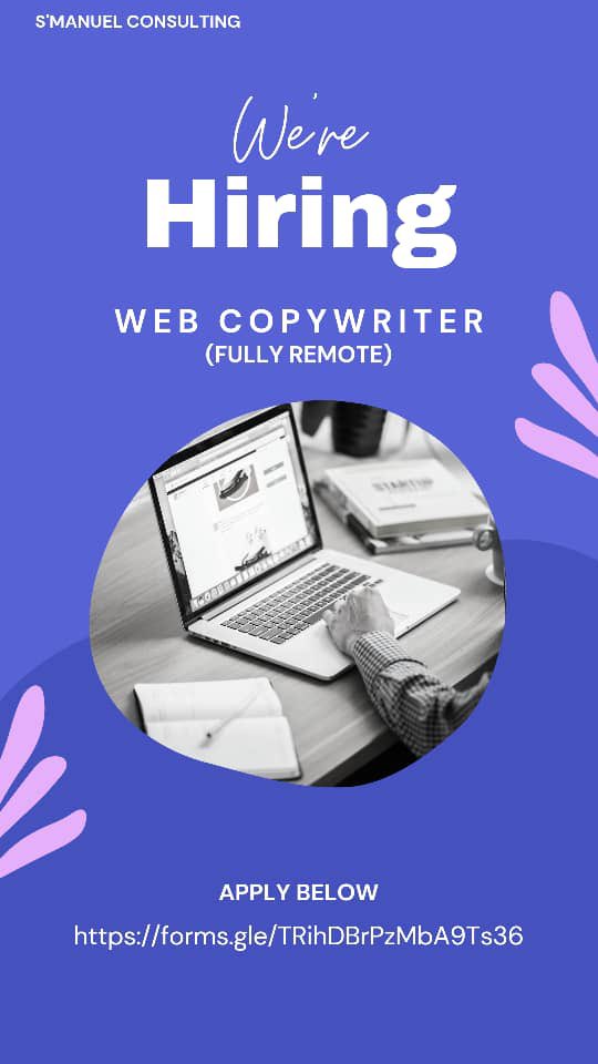 Urgently Hiring‼️‼️‼️‼️‼️

Web Copywriter 

Fully Remote 

To apply, use the link below:

forms.gle/TRihDBrPzMbA9T…

#techjob #remotejob #remotework