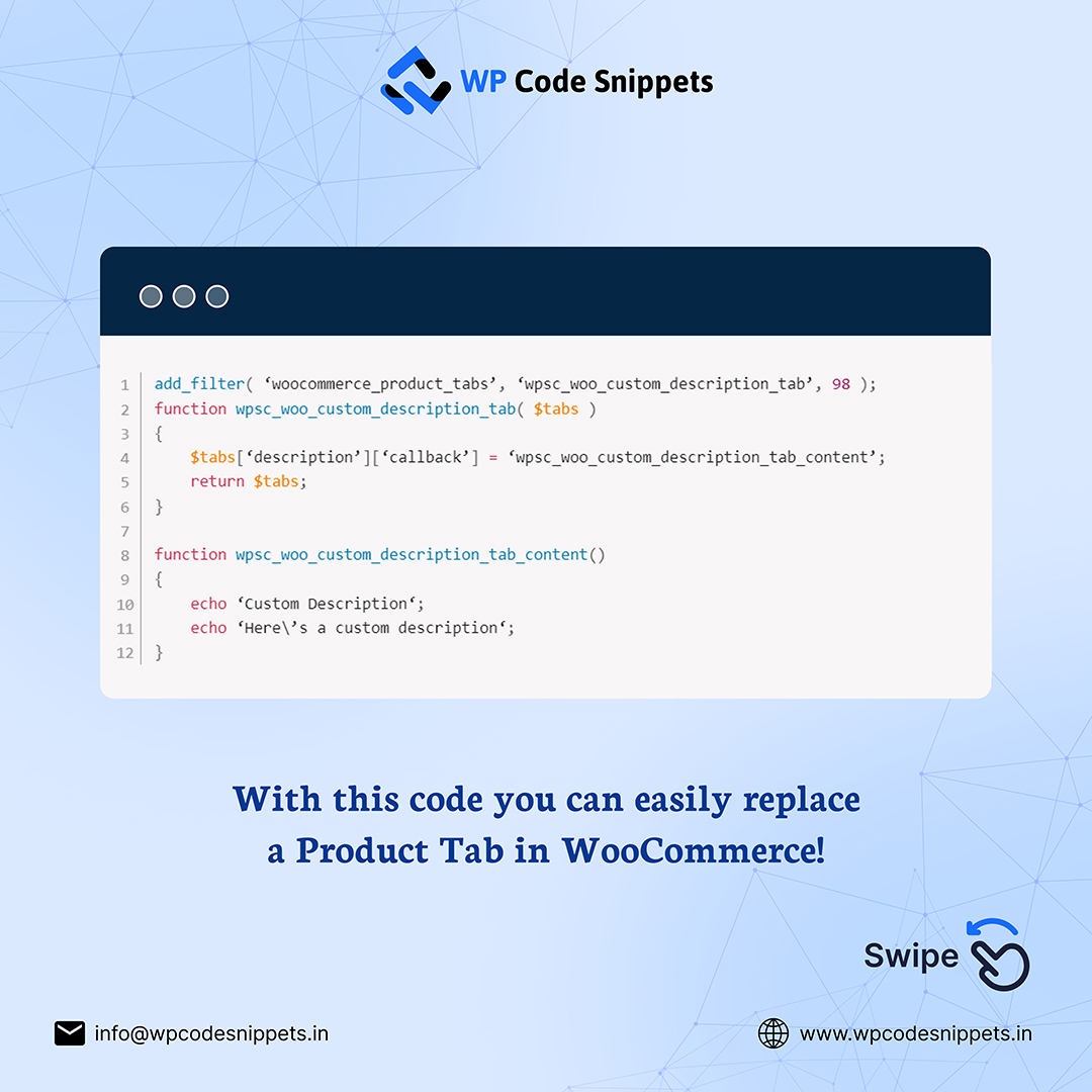 Wp_codesnippets's tweet image. Tired of the same old product tabs? Want to replace your product tabs ? We’ve got you covered! ✅
🔗Grab the code: wpcodesnippets.in/how-to-replace…
#WooCommerce #WordPress #Coding