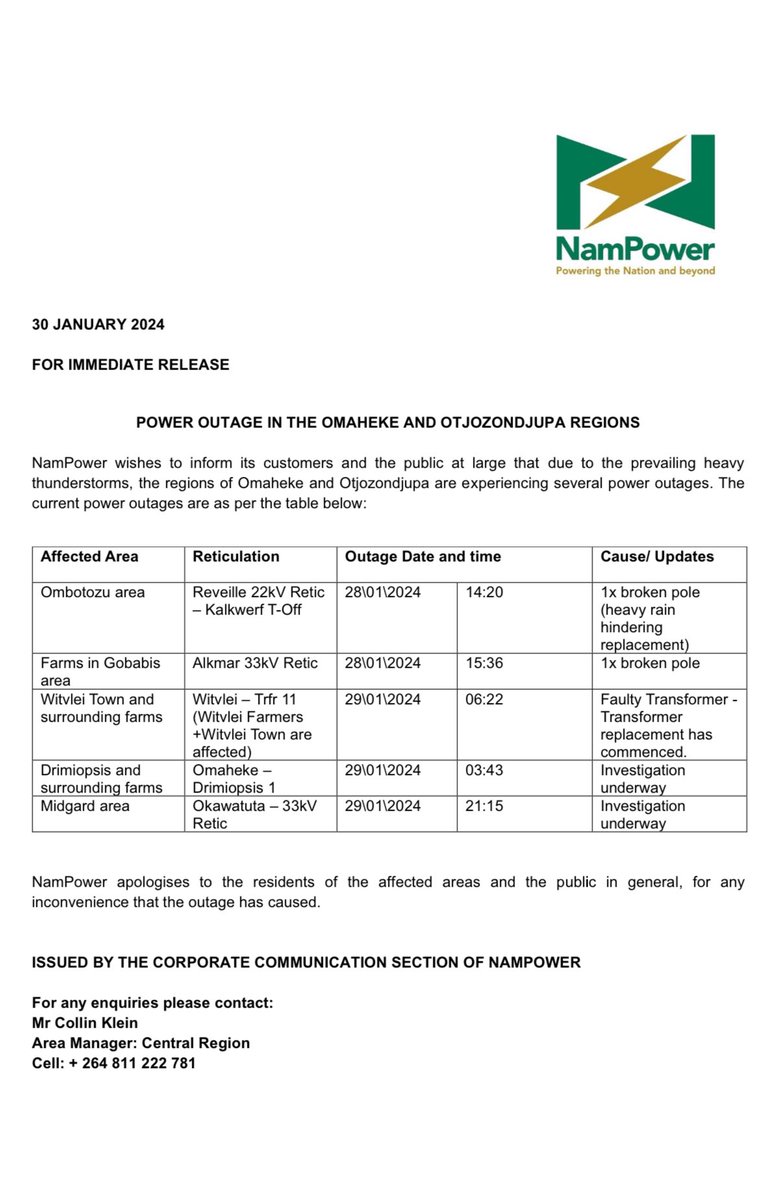 MEDIA RELEASE: POWER OUTAGE IN THE OMAHEKE AND OTJOZONDJUPA REGIONS - 30 JANUARY 2024
