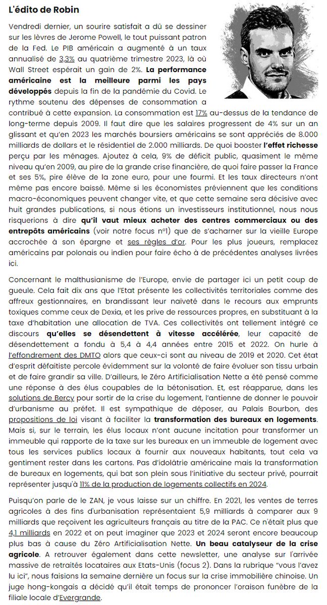Si vous aviez lu la newsletter Real Estech cette semaine, vous auriez appris pourquoi l'immobilier américain surperforme, pourquoi le malthusianisme des collectivités territoriales fait que toute transformation bureaux en logement restera un vœu pieux et pourquoi le ZAN est un