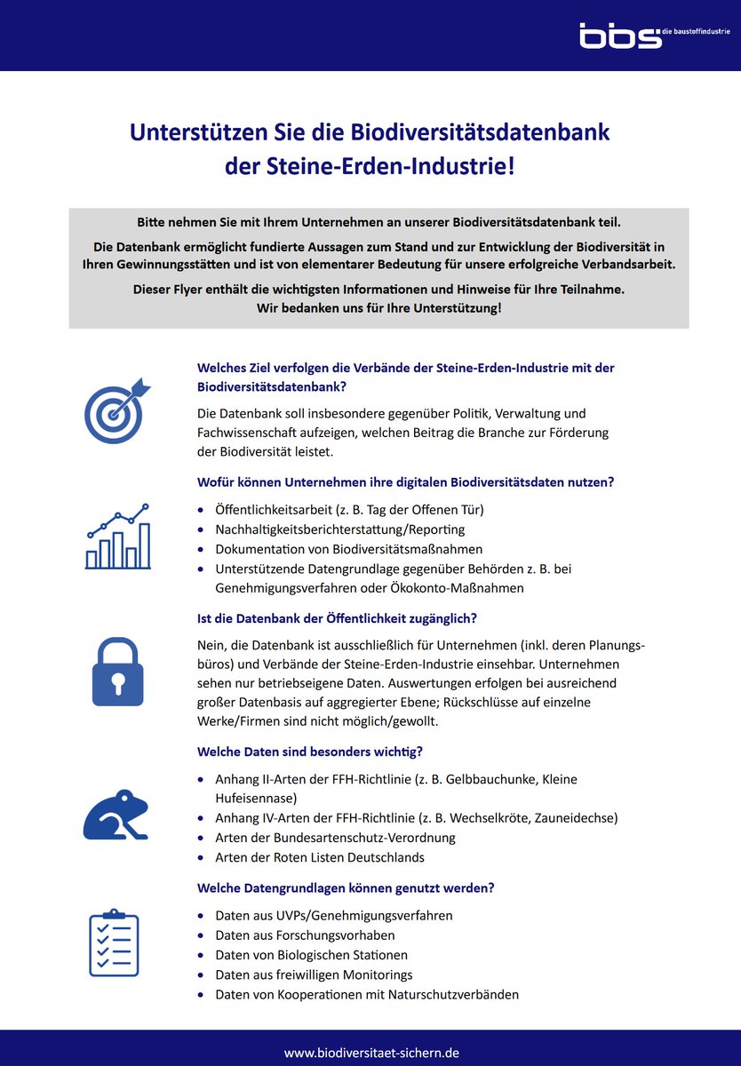 Der_bbs's tweet photo. Unterstützen Sie die Biodiversitätsdatenbank der Steine-Erden-Industrie!

Sie sind von einem Unternehmen aus der  Steine-Erden-Industrie und noch nicht Teil der Datenbank? Dann finden  Sie alle wichtigen Informationen auf unserem Flyer.

#baustoffe #biodiversität https://t.co/vrvXQYUbEv