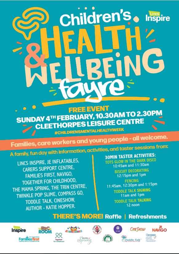 Lincs Inspire are holding a Children's health & wellbeing fayre on Sunday 4th February 2024 10:30am - 2:30pm for #ChildrensMentalHealthWeek! We hope to see you all at this FREE event! All families, care workers and young people are welcome!