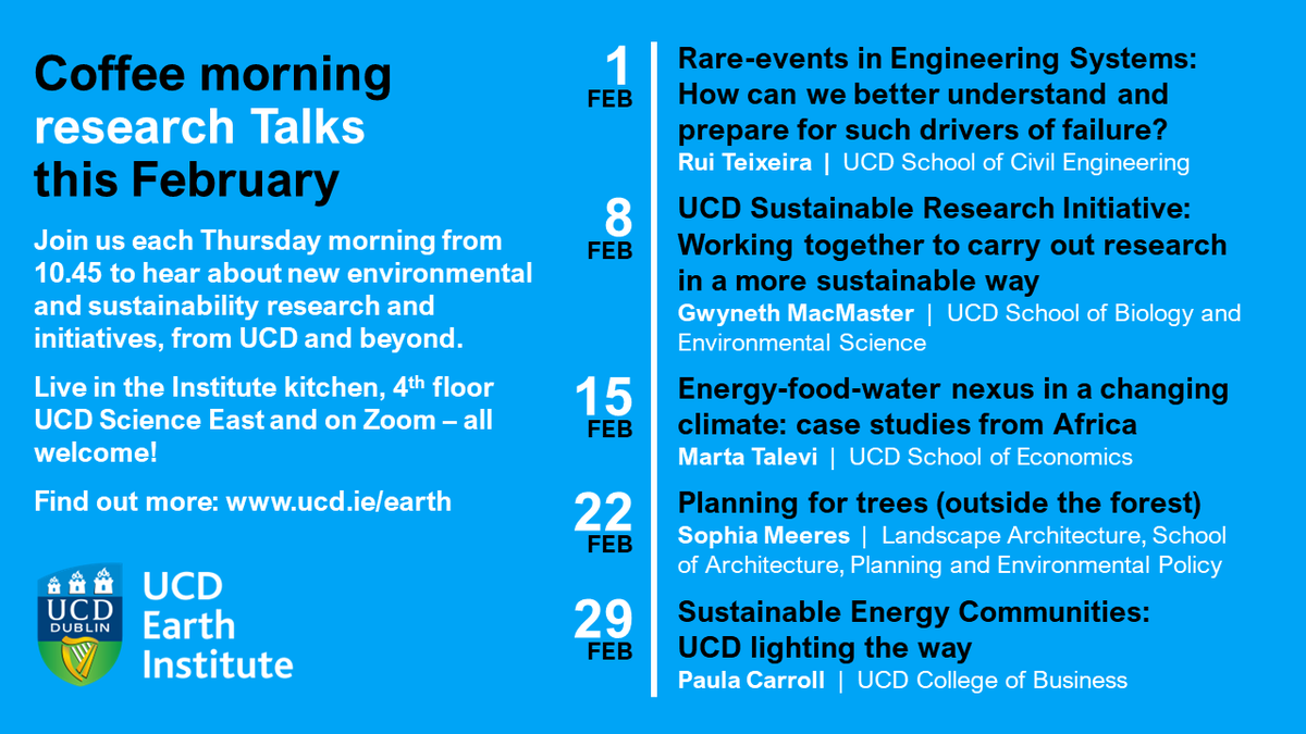 UCDEarth's tweet photo. 📢 We have exciting range of speakers for our coffee morning #research talks on Thursday mornings in Feb:

Rui Teixeira @UCDCivEng 
Gwyneth MacMaster @UCDSBES 
Marta Talevi @EconomicsUCD 
Sophia Meeres @sophia006 @UCDArch 
Paula Carroll @UCDBusinessNews 

https://t.co/J4rWYjviUf https://t.co/AsG2jZ5lV3